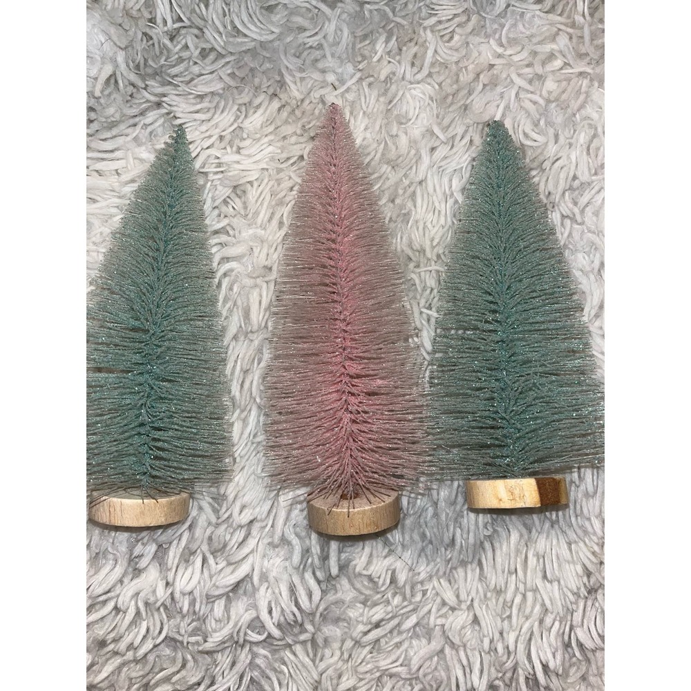 8” Bottle Brush Trees Glitter wood base Valentines Day decor Christmas pastel